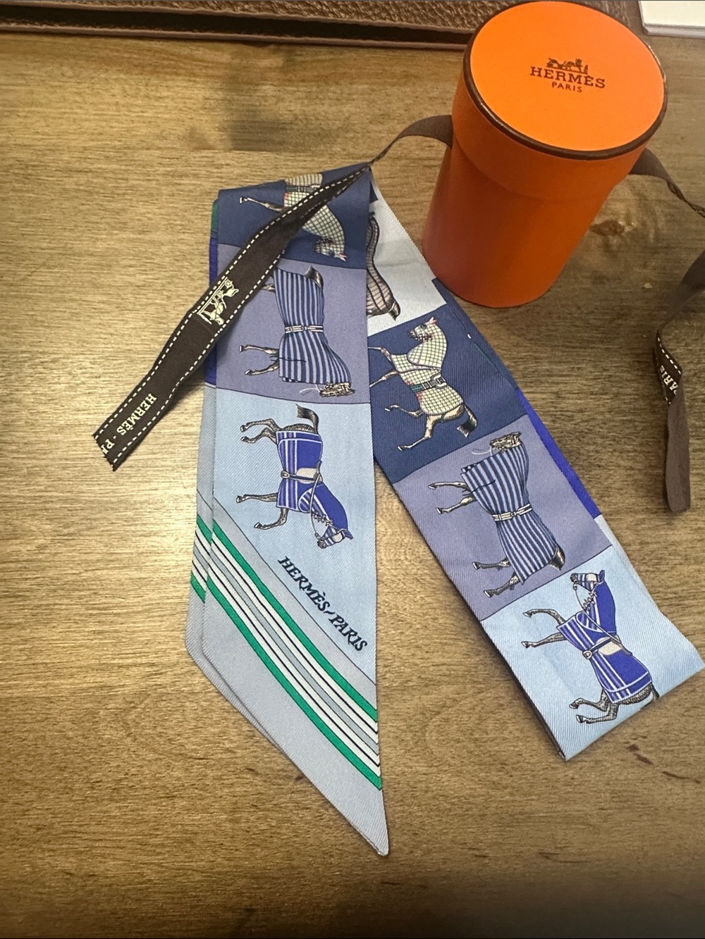 Hermes Blue Lavender Horse Print Silk Twilly